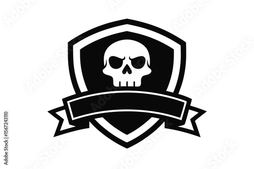 Biker patch design with skull inside shield and ribbon vector art illustration