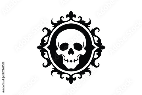 Gothic skull with ornate floral frame black ink style vector art illustration