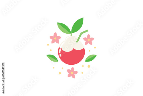 Lychee soda with floral elements around vector art illustration