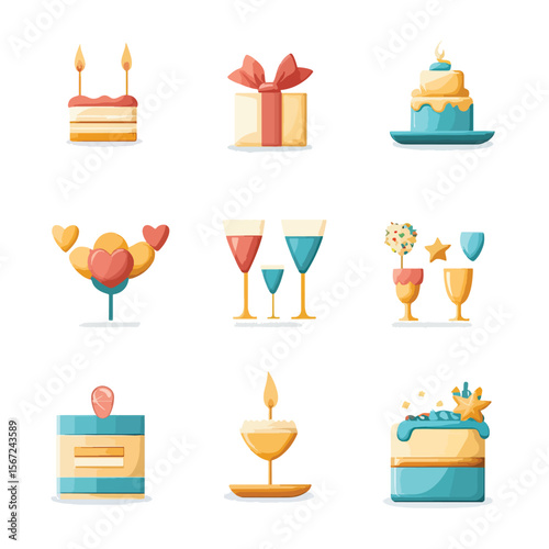 2D Flat icon Event Planning & Celebration Icons isolated in White Background