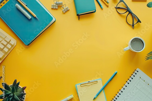 Vibrant Color Visual of Work Desk Full of Stationery Isolated on Yellow Background