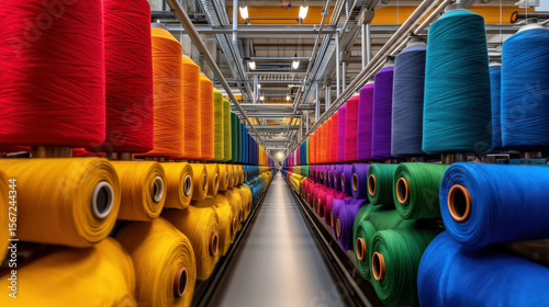 Vibrant Colorful Spools of Thread in a Textile Factory Warehouse with Organized Arrangement for Sewing and Crafting Projects