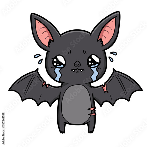 Sad cartoon bat with bandaged wings and teary eyes, expressing vulnerability.