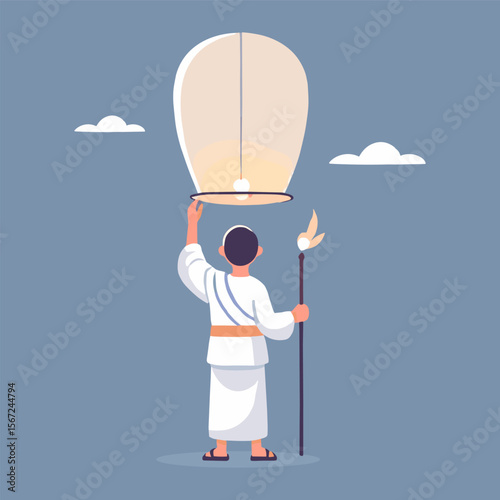 A monk holding a flame torch flies a lantern symbolizing hope