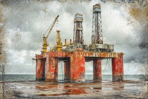 Stormy Oil Rig on Rainy Ocean Background
