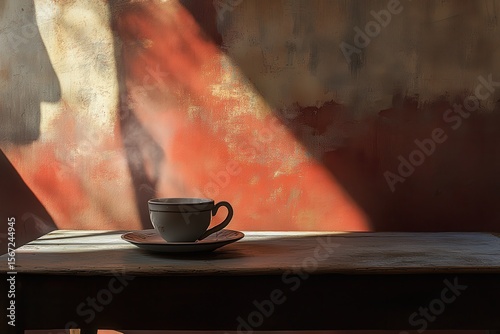 Steaming Coffee on a Table with Soft Morning Light
