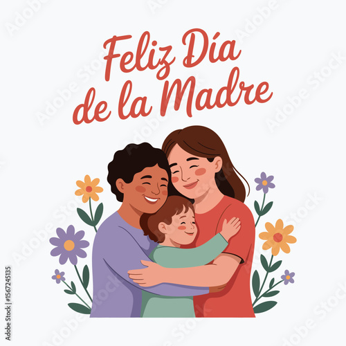 Happy samesex couple hugging their child for Mothers Day. Suitable for family, LGBTQ+, and celebration concepts. Joyful and heartwarming.