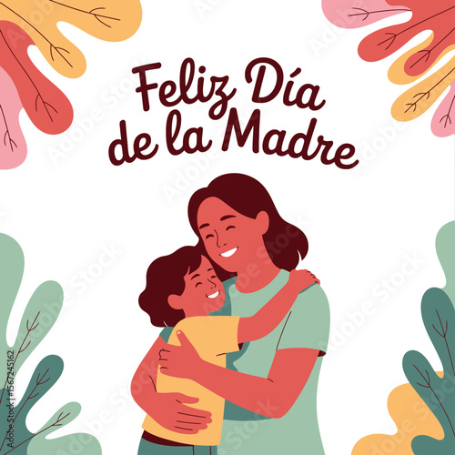 Mother and child embrace for Mothers Day celebration with text Feliz Día de la Madre. Suitable for Mothers Day designs.