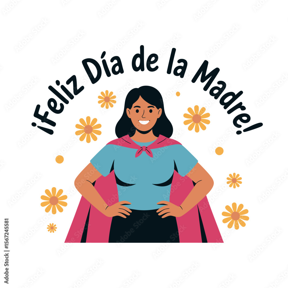 Smiling superhero mom for feliz día de la madre celebration. Suitable for Mothers Day promotions, cards, social media posts.