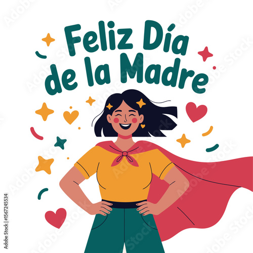 Illustration of a smiling super mom for Feliz día de la madre celebrations. Perfect for Mothers Day designs and promotions.