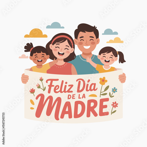 Illustration of a happy family celebrating feliz día de la madre. Perfect for Mothers Day designs, greeting cards, and familythemed content.
