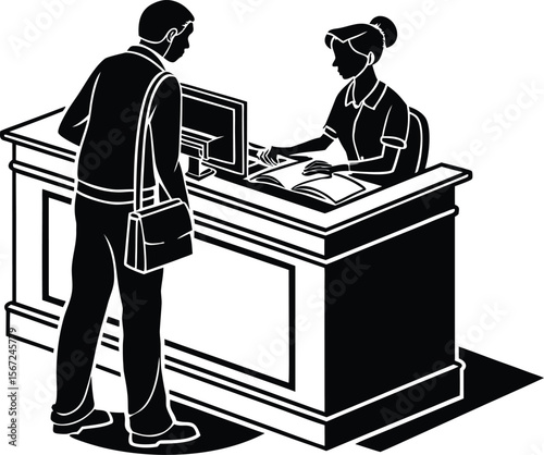 Black silhouette vector of a receptionist assisting a visitor at a front desk counter. Ideal for office, hotel, or service industry themes. Isolated on transparent background.