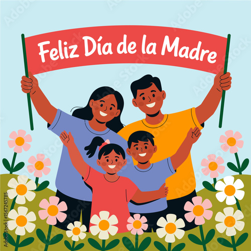 Illustration of a happy family celebrating Feliz Dia de la Madre. Suitable for Mothers Daythemed projects and Spanish cultural content.