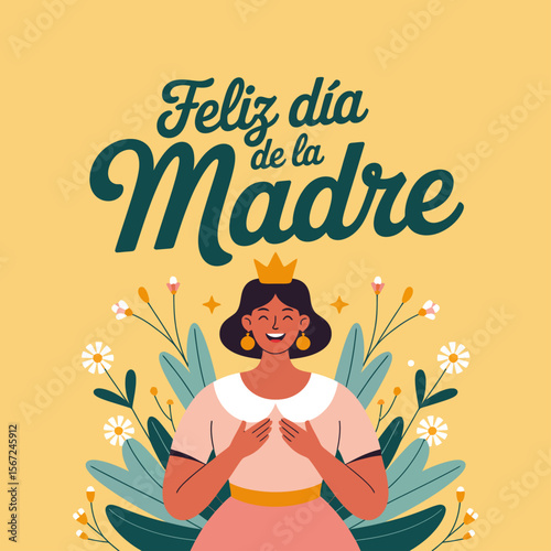 Illustration of a joyful crowned mother surrounded by flowers celebrating Mothers Day. Perfect for greeting cards, posters, and social media.
