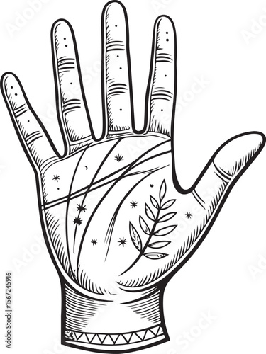 Hand Palm and Palm reading Vector Illustration, Sketch Drawing Line Linear Symbol Icon Engraving Coloring Book, Hand-drawn Black and White Isolated