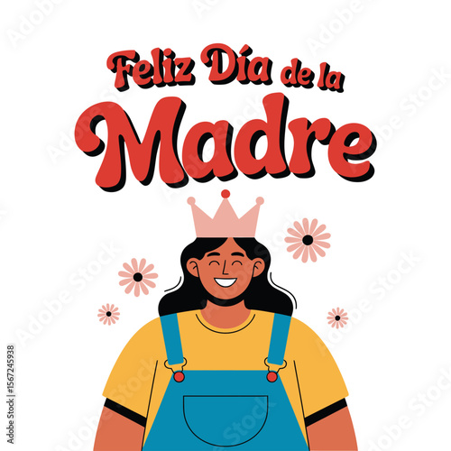 Crowned mother celebrates Mothers Day in Spanish. Suitable for themed greetings, social media posts, and holiday promotions.