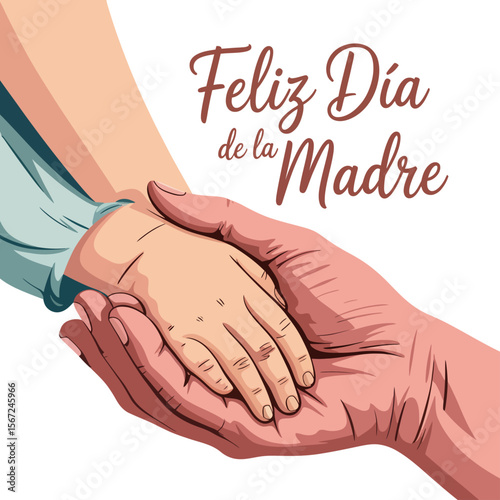 Child and adult hands entwined in a loving gesture, perfect for Mothers Day greeting cards, familythemed designs, and childcare materials.