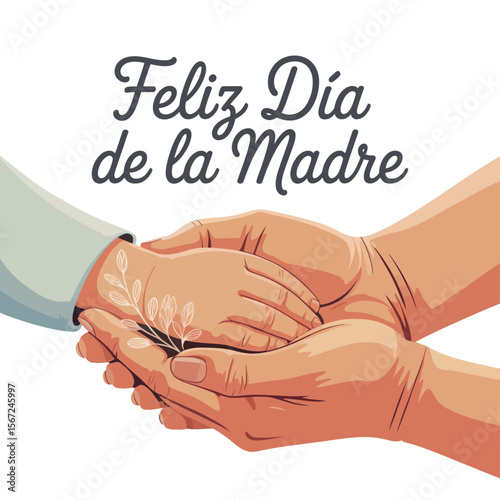 Mother and child hold sprig with Feliz día de la madre written. Perfect for Mothers Day designs, greeting cards, and social media posts.