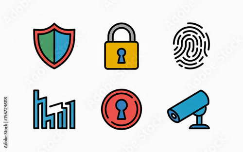 Security icons for fingerprint, lock, and shield isolated on white background