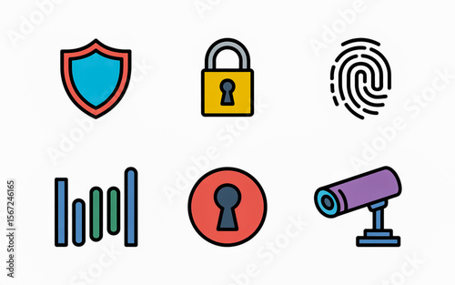 Security icons including a shield, padlock, and fingerprint on white background