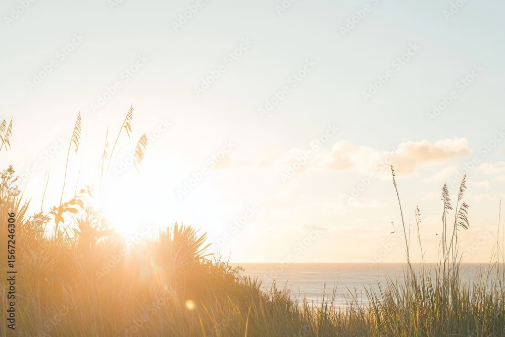 Fototapeta premium Golden Hour Sunset Over Ocean Beach with Coastal Plants