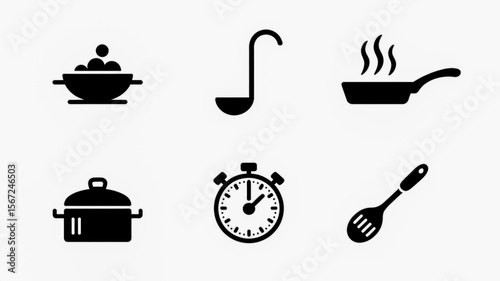 Cooking utensils are displayed isolated on white background