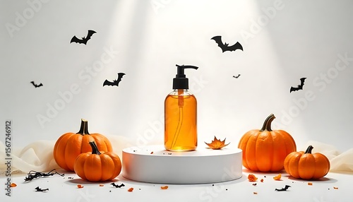 Halloween themed cosmetic bottle surrounded by pumpkins and bats creating a festive autumn scene.