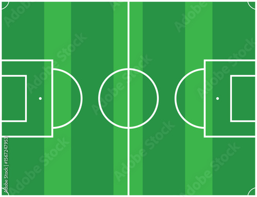 Vector illustration of a classic soccer field top view with white lines, goal areas, penalty spots, and center circle on a green grass background. Ideal for sports strategy diagrams, coaching material