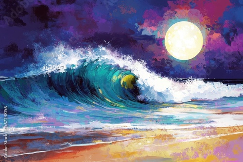 Vibrant Neon Waves Crashing on Beach at Night