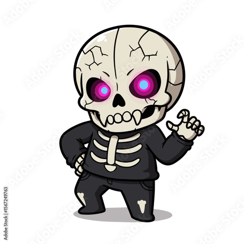 Confident cartoon skeleton with glowing pink eyes and cracked skull, dressed in a black outfit with white bone details.