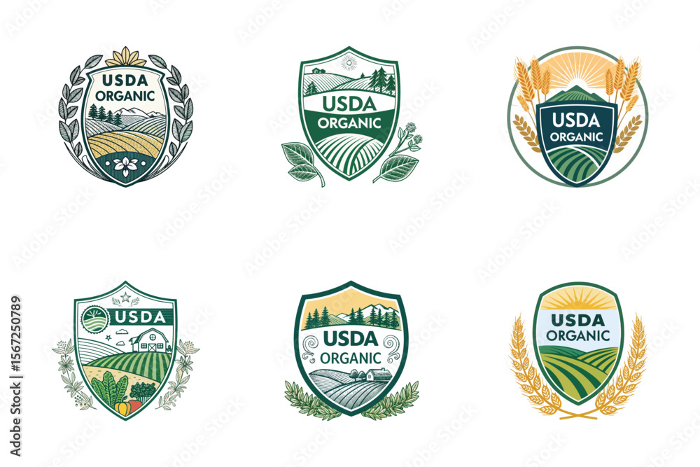 Naklejka premium USDA Organic Badges: A collection of six intricately designed USDA organic badges showcasing rolling fields, verdant farmland, and natural elements, epitomizing the essence of pure.