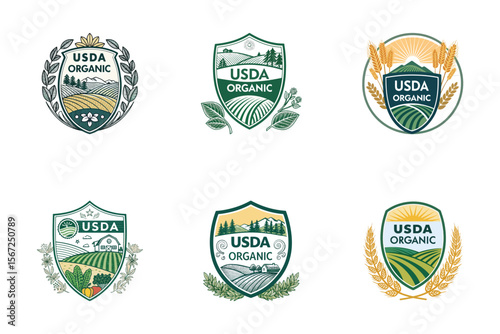 USDA Organic Badges: A collection of six intricately designed USDA organic badges showcasing rolling fields, verdant farmland, and natural elements, epitomizing the essence of pure.