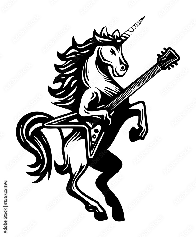 Obraz premium Rocking Unicorn with Electric Guitar – Bold Black and White Vector