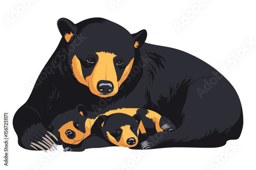 Sun Bear Mother with Cubs – Color Vector Animal Illustration