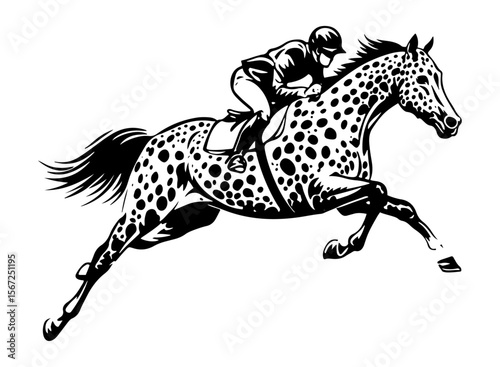 Appaloosa Horse with Rider – Black and White Vector Illustration