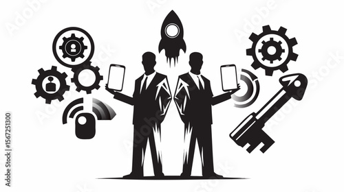 Two businessmen with smartphones and a rocket surrounded by gears and a key in black and white silhouette