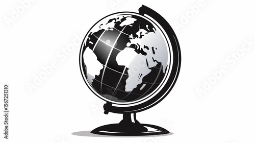 Illustration of a black and white globe with continents displayed on a stand against a white background. silhouette