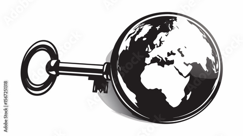 A black and white illustration of a key with a globe as the head showing continents and oceans design silhouette
