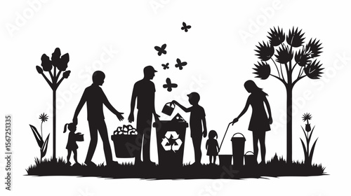 Silhouette illustration of a family cleaning up a park with trees and butterflies in a black and white scene