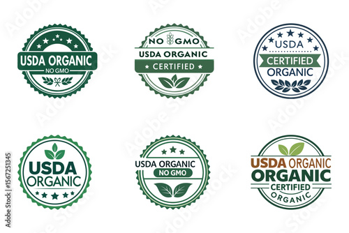 USDA Organic Badges: A collection of green and gold USDA Organic badges, artfully displayed, representing certified organic products, appealing to consumers.