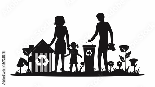 Silhouette of a family recycling with a recycle bin and a recycle house surrounded by flowers and plants