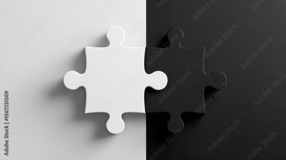 Obraz premium Jigsaw Puzzle Pieces: Contrasting two pieces of a jigsaw puzzle, one white and one black, fit together, visually symbolizing harmony and interconnectedness.