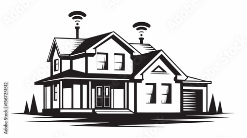 Illustration of a two story house with a garage and wifi signal on the roof in black and white style silhouette