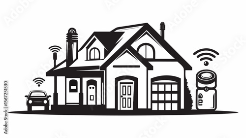 Illustration of a smart home with a car, house, and smart speaker connected by wifi signals shown silhouette