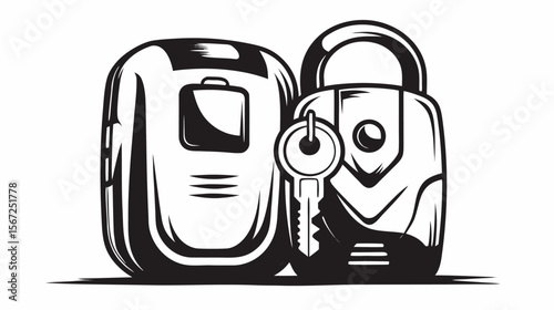 Illustration of a stylized car key fob next to a padlock with a key inserted, all in black and white silhouette