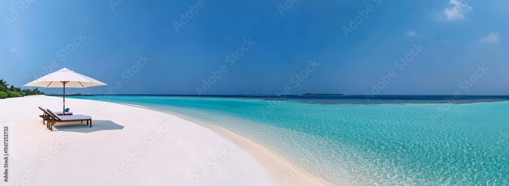 Fototapeta premium Serene Tropical Beach Scene with White Sand and Crystal Clear Water