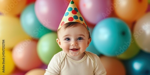 A baby wearing a tiny party hat, surrounded by colorful balloons
