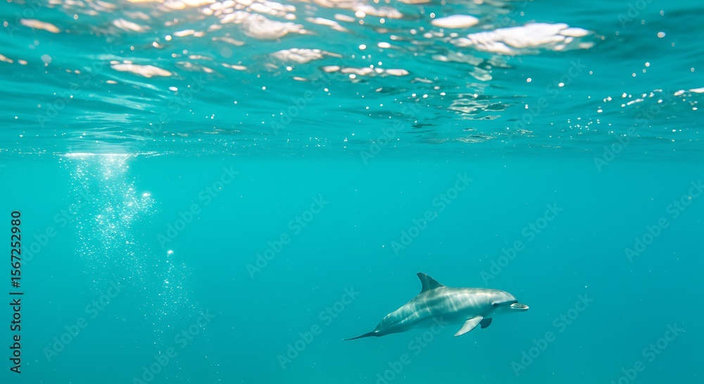 Fototapeta premium Stunning Underwater Shot of a Dolphin Swimming in Crystal Clear Ocean Water