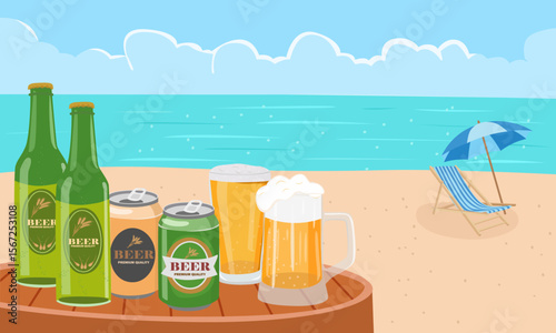 Summer vector. Summer holiday on beach clipart. Beach landscape with beer bottles and beer mugs. Summer tropical. Flat vector in cartoon style isolated on white background.