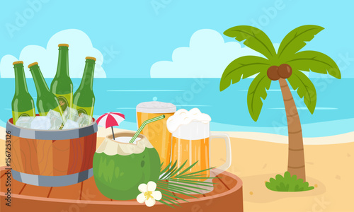 Summer vector. Summer holiday on beach clipart. Beach landscape with beer bottles and coconut drinks. Summer tropical. Flat vector in cartoon style isolated on white background.